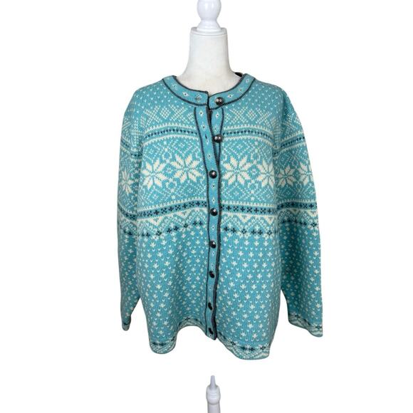 L.L. Bean Sweaters - LL Bean Sweater Womens 1X Teal Nordic Lambs Wool Fair Isle Snow Flake Cardigan